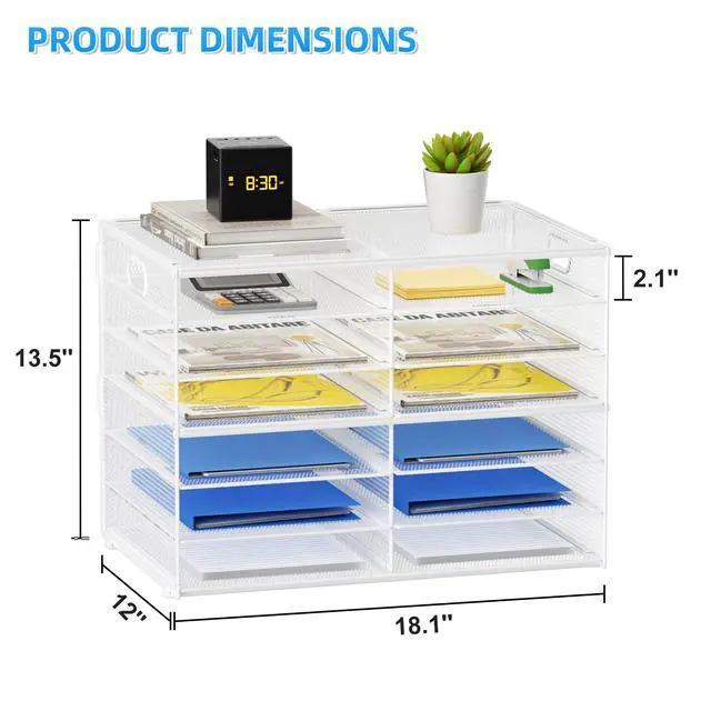 Alt view image 4 of 7 - 12 Compartments Paper Organizer for Desk, Mesh Literature Organizer, Mail File Sorter Tray with Handle, Desktop Mailbox for Office Classroom Home - White