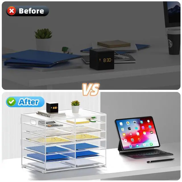 Alt view image 5 of 7 - 12 Compartments Paper Organizer for Desk, Mesh Literature Organizer, Mail File Sorter Tray with Handle, Desktop Mailbox for Office Classroom Home - White