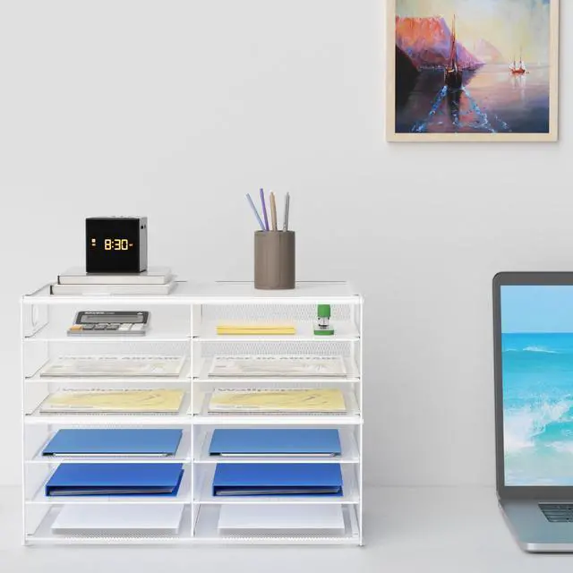 Alt view image 7 of 7 - 12 Compartments Paper Organizer for Desk, Mesh Literature Organizer, Mail File Sorter Tray with Handle, Desktop Mailbox for Office Classroom Home - White