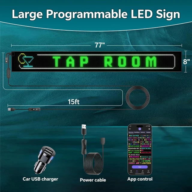 Alt view image 5 of 5 - Large Programmable LED Sign, P10 Resolution Indoor Windows LED Signs, Bluetooth APP, for Business Bars Gaming Rooms Restaurants Festivals Cars (77"x 8")