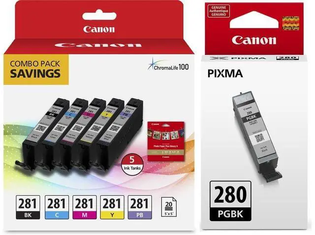Main image of Genuine CLI-281 5-Color Ink Tank Combo Pack with 5 x 5 Photo Paper (2091C006) PGI-280 Pigment Black Ink Tank (2075C001)