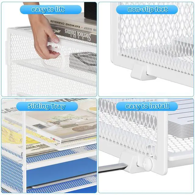 Alt view image 3 of 7 - 12 Compartments Paper Organizer for Desk, Mesh Literature Organizer, Mail File Sorter Tray with Handle, Desktop Mailbox for Office Classroom Home - White