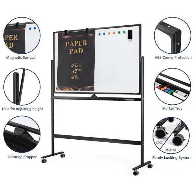 Alt view image 3 of 7 - Large Dry-Erase Rolling Magnetic Whiteboard - 48 x 32 Inches Dry Erase Board with Stand Height Adjust Double Sides Mobile White Board Easel on Wheels with 25 Sheets Paper Pad Office, Home & Classroom