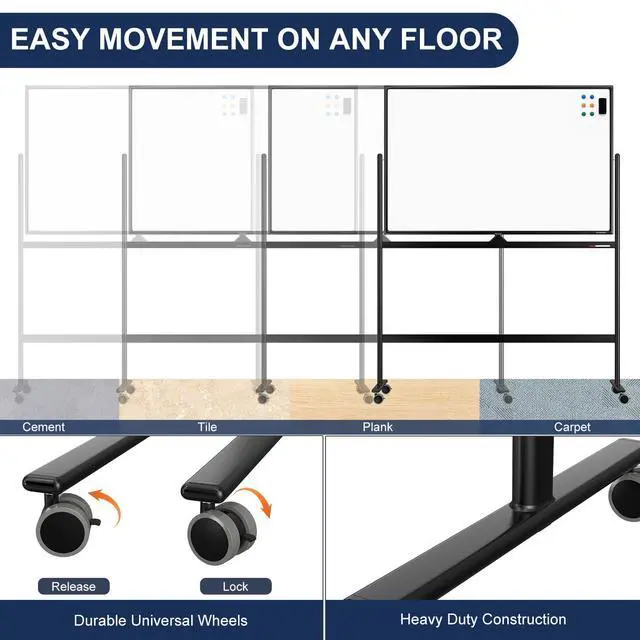 Alt view image 4 of 7 - Large Dry-Erase Rolling Magnetic Whiteboard - 48 x 32 Inches Dry Erase Board with Stand Height Adjust Double Sides Mobile White Board Easel on Wheels with 25 Sheets Paper Pad Office, Home & Classroom