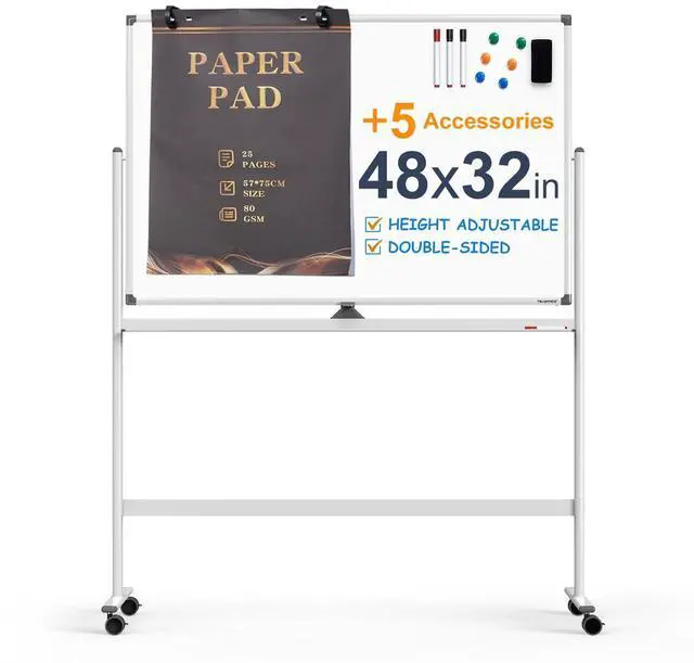 Main image of Large Dry-Erase Rolling Magnetic Whiteboard - 48 x 32 Inches Dry Erase Board with Stand Height Adjust Double Sides Mobile White Board Easel on Wheels with 25 Sheets Paper Pad Office, Home & Classroom