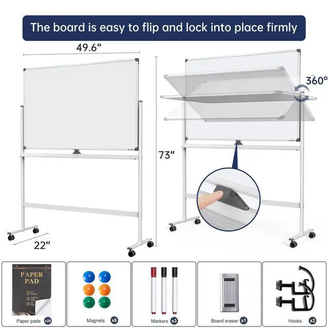 Alt view image 2 of 7 - Large Dry-Erase Rolling Magnetic Whiteboard - 48 x 32 Inches Dry Erase Board with Stand Height Adjust Double Sides Mobile White Board Easel on Wheels with 25 Sheets Paper Pad Office, Home & Classroom