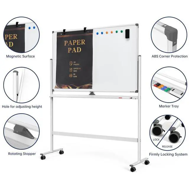 Alt view image 3 of 7 - Large Dry-Erase Rolling Magnetic Whiteboard - 48 x 32 Inches Dry Erase Board with Stand Height Adjust Double Sides Mobile White Board Easel on Wheels with 25 Sheets Paper Pad Office, Home & Classroom
