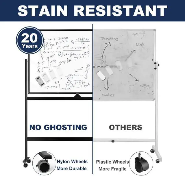 Alt view image 5 of 7 - Large Dry-Erase Rolling Magnetic Whiteboard - 48 x 32 Inches Dry Erase Board with Stand Height Adjust Double Sides Mobile White Board Easel on Wheels with 25 Sheets Paper Pad Office, Home & Classroom