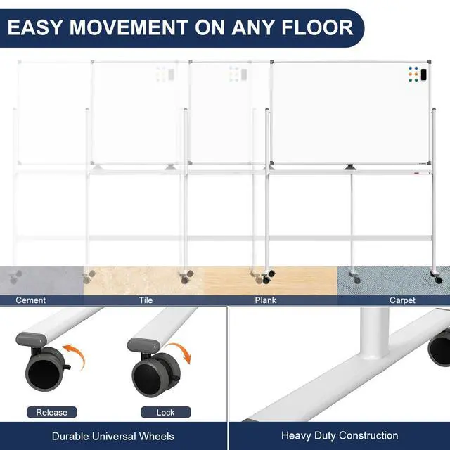 Alt view image 4 of 7 - Large Dry-Erase Rolling Magnetic Whiteboard - 48 x 32 Inches Dry Erase Board with Stand Height Adjust Double Sides Mobile White Board Easel on Wheels with 25 Sheets Paper Pad Office, Home & Classroom