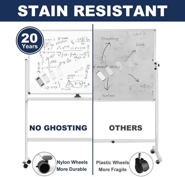 Alt view image 5 of 7 - Large Dry-Erase Rolling Magnetic Whiteboard - 48 x 32 Inches Dry Erase Board with Stand Height Adjust Double Sides Mobile White Board Easel on Wheels with 25 Sheets Paper Pad Office, Home & Classroom