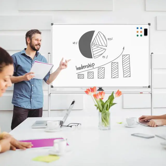 Alt view image 6 of 7 - Large Dry-Erase Rolling Magnetic Whiteboard - 48 x 32 Inches Dry Erase Board with Stand Height Adjust Double Sides Mobile White Board Easel on Wheels with 25 Sheets Paper Pad Office, Home & Classroom