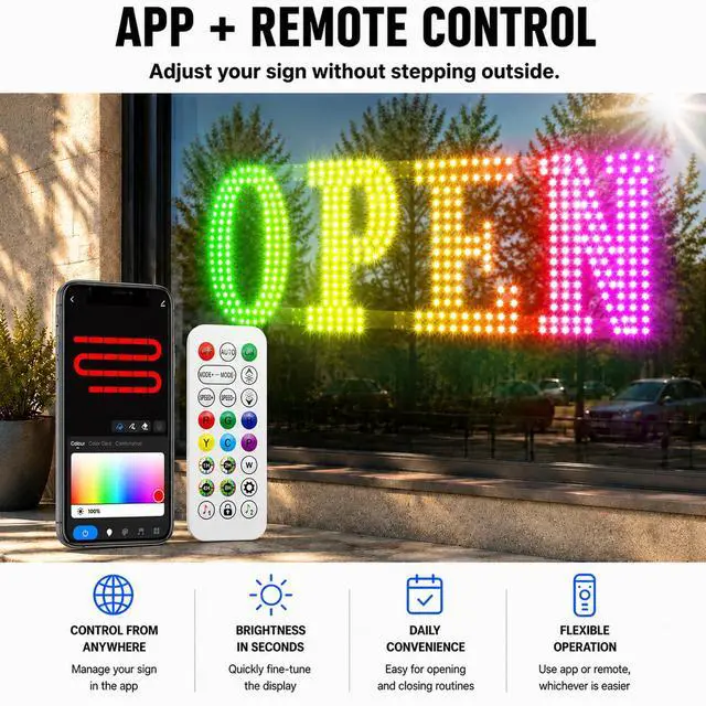 Alt view image 4 of 7 - 48" x 17" Led Open Signs for Business,Smart App & Remote Control, Timer, Custom Colors & Brightness High Visibility for Storefronts Restaurants, Bars, Salons, Cafes, Retail Shop