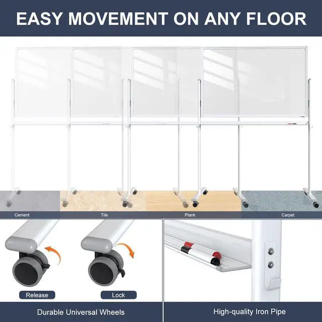 Alt view image 5 of 7 - Rolling Whiteboard 48x32 Clear Glass Dry Erase Board on Wheels | Clear Tempered Glass, Dry Erase, With Chart Paper, Free-Standing, Ideal for Office, Classroom, School, Home, Homeschooling