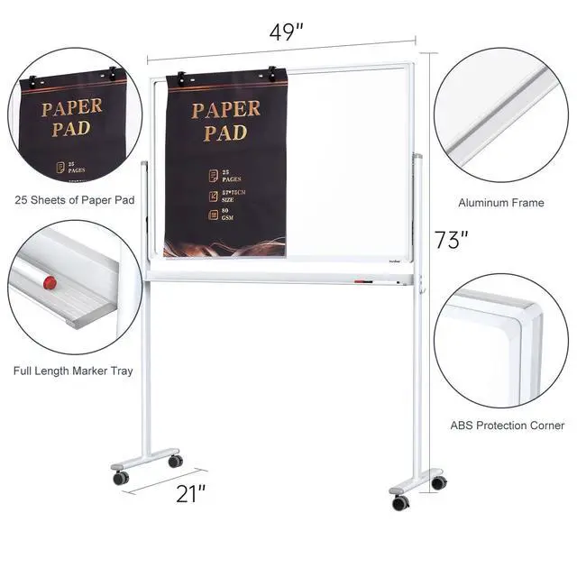 Alt view image 6 of 7 - Rolling Whiteboard 48x32 Clear Glass Dry Erase Board on Wheels | Clear Tempered Glass, Dry Erase, With Chart Paper, Free-Standing, Ideal for Office, Classroom, School, Home, Homeschooling