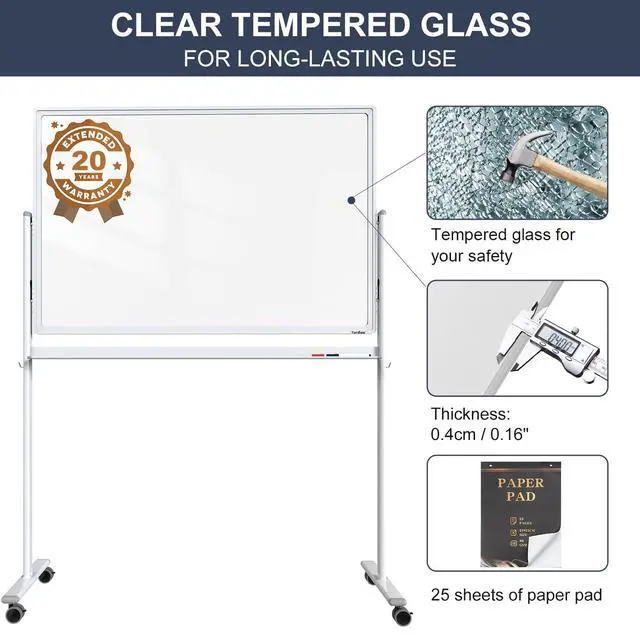 Alt view image 3 of 7 - Rolling Whiteboard 48x32 Clear Glass Dry Erase Board on Wheels | Clear Tempered Glass, Dry Erase, With Chart Paper, Free-Standing, Ideal for Office, Classroom, School, Home, Homeschooling