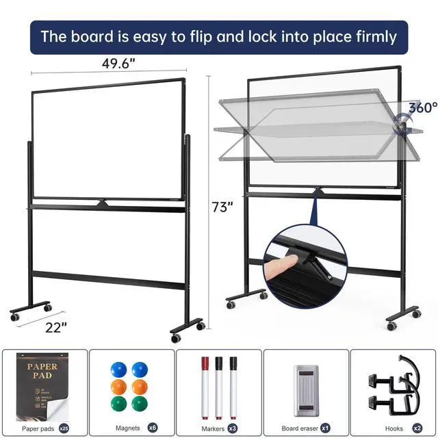 Alt view image 2 of 7 - Large Dry-Erase Rolling Magnetic Whiteboard - 48 x 32 Inches Dry Erase Board with Stand Height Adjust Double Sides Mobile White Board Easel on Wheels with 25 Sheets Paper Pad Office, Home & Classroom