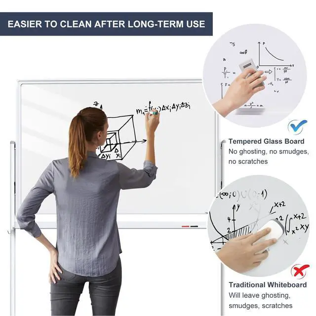 Alt view image 4 of 7 - Rolling Whiteboard 48x32 Clear Glass Dry Erase Board on Wheels | Clear Tempered Glass, Dry Erase, With Chart Paper, Free-Standing, Ideal for Office, Classroom, School, Home, Homeschooling
