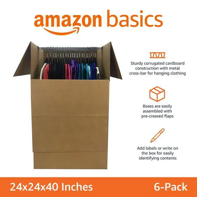 Alt view image 2 of 7 - Strong Cardboard Wardrobe Moving Boxes with Hanging Bar, Handles for Packing Clothes, 24" x 24" x 40", Brown, 6-Pack