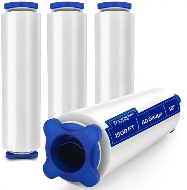 Main image of 18" Stretch Film/Wrap 1500 feet 7 Layers 80 Gauge Industrial Strength up to 800% Stretch 20 Microns Adhering Packing Moving Heavy Duty (Clear, 4 Pack - Tension Handles)