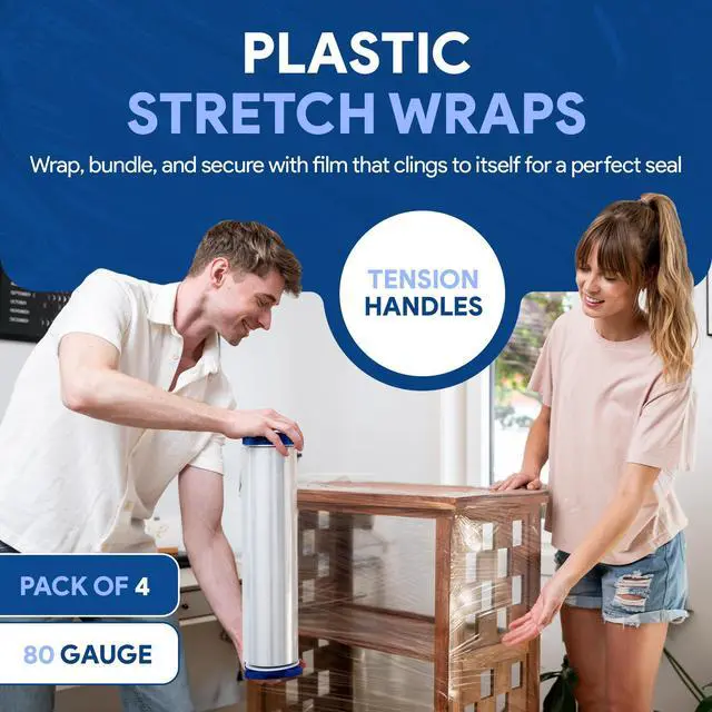 Alt view image 2 of 7 - 18" Stretch Film/Wrap 1500 feet 7 Layers 80 Gauge Industrial Strength up to 800% Stretch 20 Microns Adhering Packing Moving Heavy Duty (Clear, 4 Pack - Tension Handles)