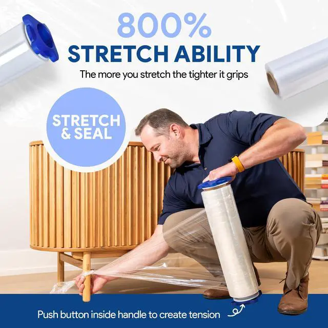 Alt view image 3 of 7 - 18" Stretch Film/Wrap 1500 feet 7 Layers 80 Gauge Industrial Strength up to 800% Stretch 20 Microns Adhering Packing Moving Heavy Duty (Clear, 4 Pack - Tension Handles)