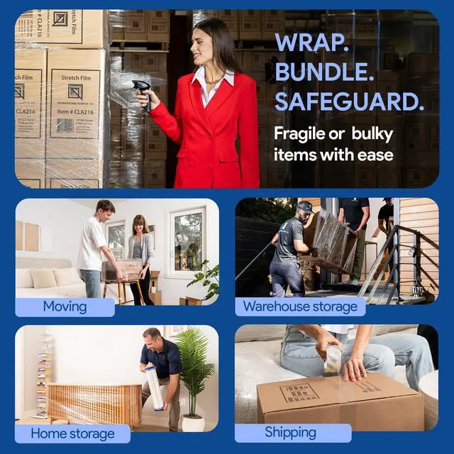 Alt view image 6 of 7 - 18" Stretch Film/Wrap 1500 feet 7 Layers 80 Gauge Industrial Strength up to 800% Stretch 20 Microns Adhering Packing Moving Heavy Duty (Clear, 4 Pack - Tension Handles)