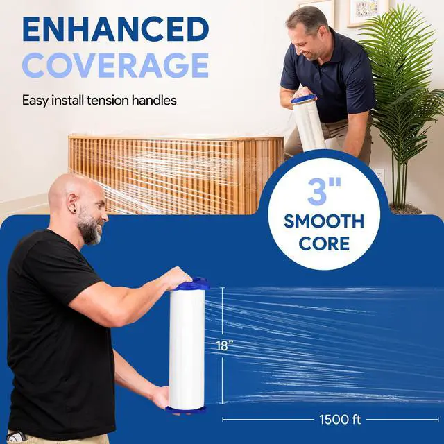 Alt view image 4 of 7 - 18" Stretch Film/Wrap 1500 feet 7 Layers 80 Gauge Industrial Strength up to 800% Stretch 20 Microns Adhering Packing Moving Heavy Duty (Clear, 4 Pack - Tension Handles)