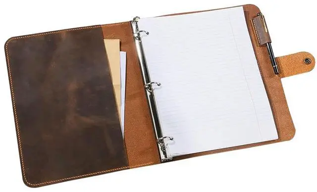 Main image of Handmade Leather 3 Ring Binder Portfolio, Letter Size 8.5 x 11, Vintage Organizer Folder with Pockets, Pen Holder & Snap Closure, Brown