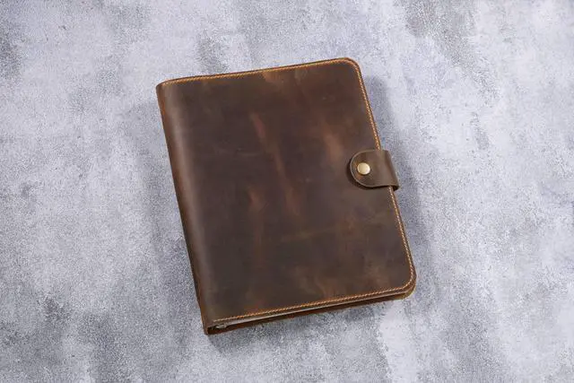 Alt view image 6 of 7 - Handmade Leather 3 Ring Binder Portfolio, Letter Size 8.5 x 11, Vintage Organizer Folder with Pockets, Pen Holder & Snap Closure, Brown