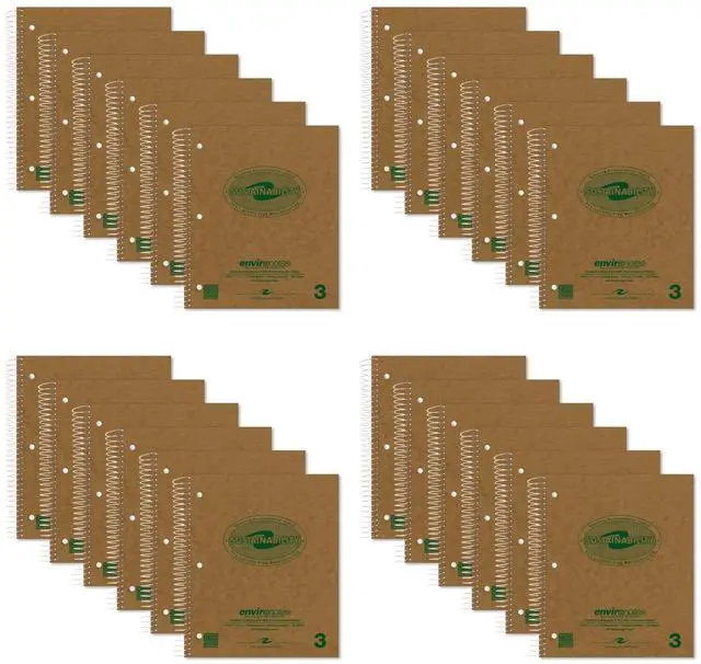 Main image of Environotes Recycled Spiral Notebook 24 Pack, 11" x 9", Three Subject, 100 Sheets, College Ruled Perforated Heavyweight 20 lb Paper, 3 Double Pocket, Made in USA