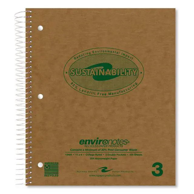Alt view image 2 of 7 - Environotes Recycled Spiral Notebook 24 Pack, 11" x 9", Three Subject, 100 Sheets, College Ruled Perforated Heavyweight 20 lb Paper, 3 Double Pocket, Made in USA