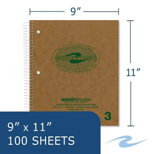 Alt view image 3 of 7 - Environotes Recycled Spiral Notebook 24 Pack, 11" x 9", Three Subject, 100 Sheets, College Ruled Perforated Heavyweight 20 lb Paper, 3 Double Pocket, Made in USA