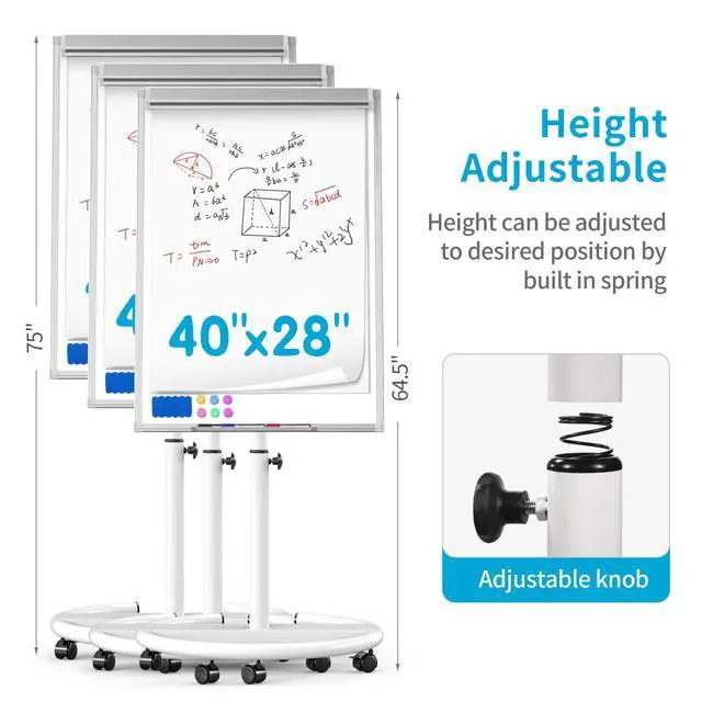 Alt view image 2 of 7 - Mobile Magnetic Whiteboard on Wheels, Portable Dry Erase Easel 40 x 28 Inch | Height Adjustable, Dry Erase Board Easel with Flipchart Paper Pad, Rolling White Board for Classroom, Office & Workshops