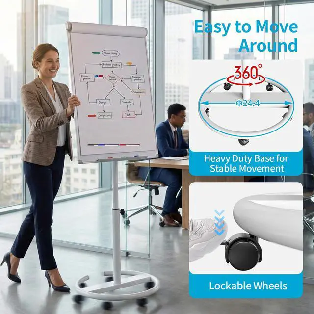Alt view image 4 of 7 - Mobile Magnetic Whiteboard on Wheels, Portable Dry Erase Easel 40 x 28 Inch | Height Adjustable, Dry Erase Board Easel with Flipchart Paper Pad, Rolling White Board for Classroom, Office & Workshops