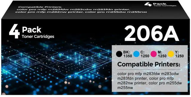 Main image of 206A Toner Cartridges 4PK with Chip Compatible with HP 206A HP206A W2110A | M283fdw Toner Work for M283fdw/cdw/fdn/M282nw & M255dw/nw, Standard Yield Version of 206X W2110X (HP206a 4 Pack, BK/C/M/Y)
