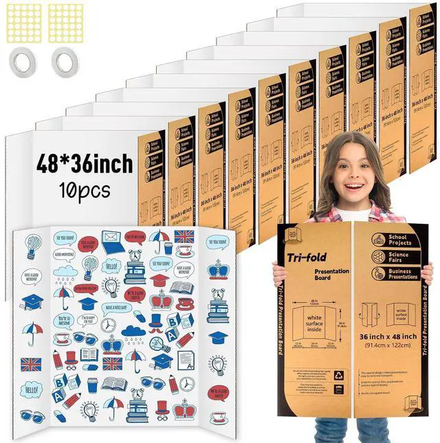 Main image of 10 Pack Trifold Poster Board 48" X 36", Single Sided White Poster Boards, Science Fair Display Boards Posterboard for Mounting, Prints,Art,Display,Projects Classroom Supplies