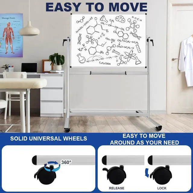 Alt view image 3 of 6 - XBoard Rolling Whiteboard 48x36 inch | Double-Sided Mobile Dry Erase Board Aluminium Frame for Home School Office Live Streaming