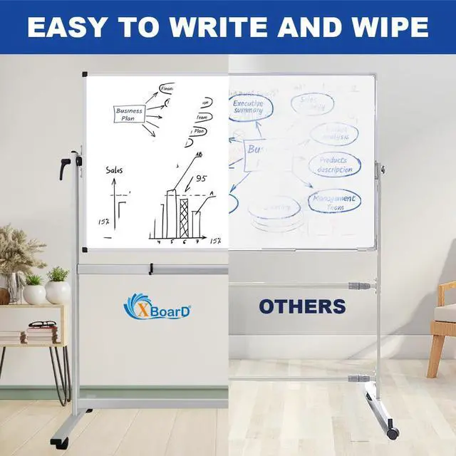 Alt view image 5 of 6 - XBoard Rolling Whiteboard 48x36 inch | Double-Sided Mobile Dry Erase Board Aluminium Frame for Home School Office Live Streaming