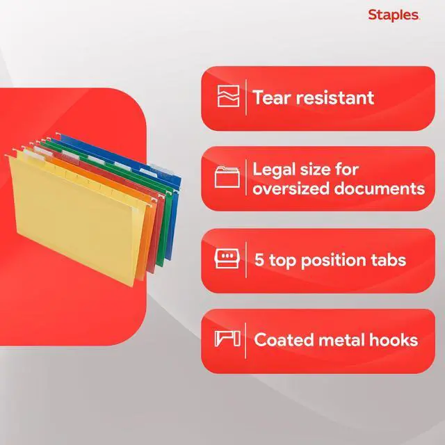 Alt view image 4 of 7 - Heavy Duty Reinforced Hanging File Folders, 1/5-Cut Tab, Legal Size, Assorted Colors, 25/Box (ST18657-CC)