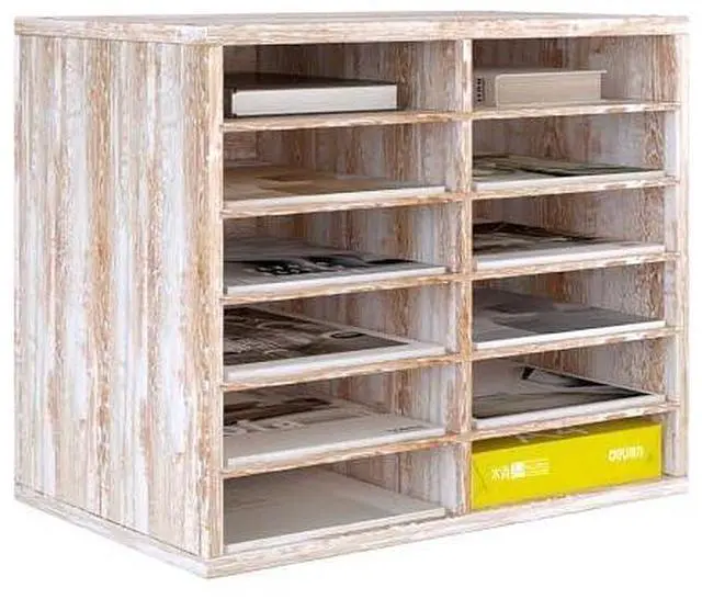 Main image of Wood Literature Organizer, 12 Slots, Retro White | Holds 6000 Sheets A4 Papers, Adjustable Shelves, Mailbox Cubbies, For Office Home Classroom