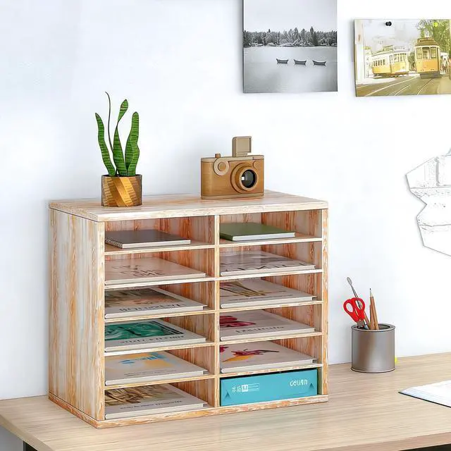 Alt view image 2 of 6 - Wood Literature Organizer, 12 Slots, Retro White | Holds 6000 Sheets A4 Papers, Adjustable Shelves, Mailbox Cubbies, For Office Home Classroom