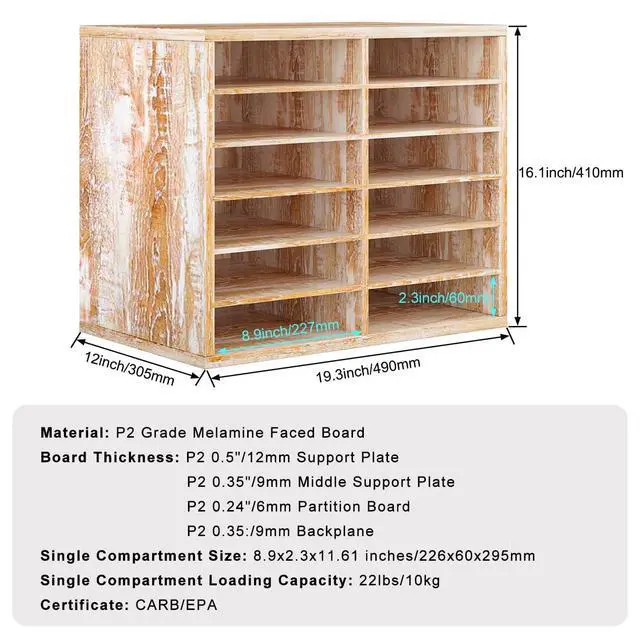 Alt view image 3 of 6 - Wood Literature Organizer, 12 Slots, Retro White | Holds 6000 Sheets A4 Papers, Adjustable Shelves, Mailbox Cubbies, For Office Home Classroom