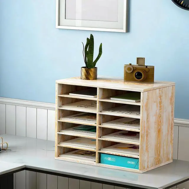Alt view image 6 of 6 - Wood Literature Organizer, 12 Slots, Retro White | Holds 6000 Sheets A4 Papers, Adjustable Shelves, Mailbox Cubbies, For Office Home Classroom