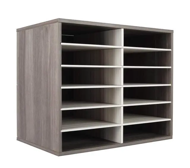Main image of Wood Literature Organizer, 12 Slots Hold 6000 Sheets A4 Papers, Wooden Desk Paper File Storage Organizer with Adjustable Shelves, Mailbox Cubbies for Office Home Classroom, Retro Grey/White