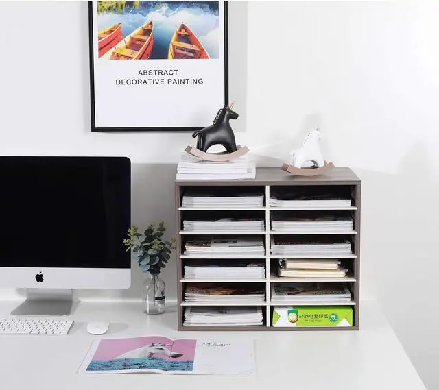 Alt view image 2 of 6 - Wood Literature Organizer, 12 Slots Hold 6000 Sheets A4 Papers, Wooden Desk Paper File Storage Organizer with Adjustable Shelves, Mailbox Cubbies for Office Home Classroom, Retro Grey/White