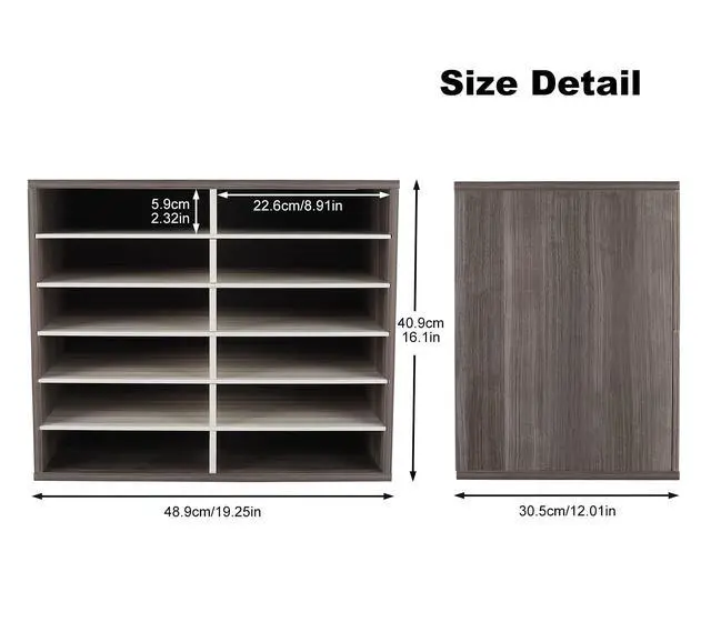 Alt view image 3 of 6 - Wood Literature Organizer, 12 Slots Hold 6000 Sheets A4 Papers, Wooden Desk Paper File Storage Organizer with Adjustable Shelves, Mailbox Cubbies for Office Home Classroom, Retro Grey/White