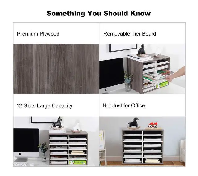 Alt view image 4 of 6 - Wood Literature Organizer, 12 Slots Hold 6000 Sheets A4 Papers, Wooden Desk Paper File Storage Organizer with Adjustable Shelves, Mailbox Cubbies for Office Home Classroom, Retro Grey/White