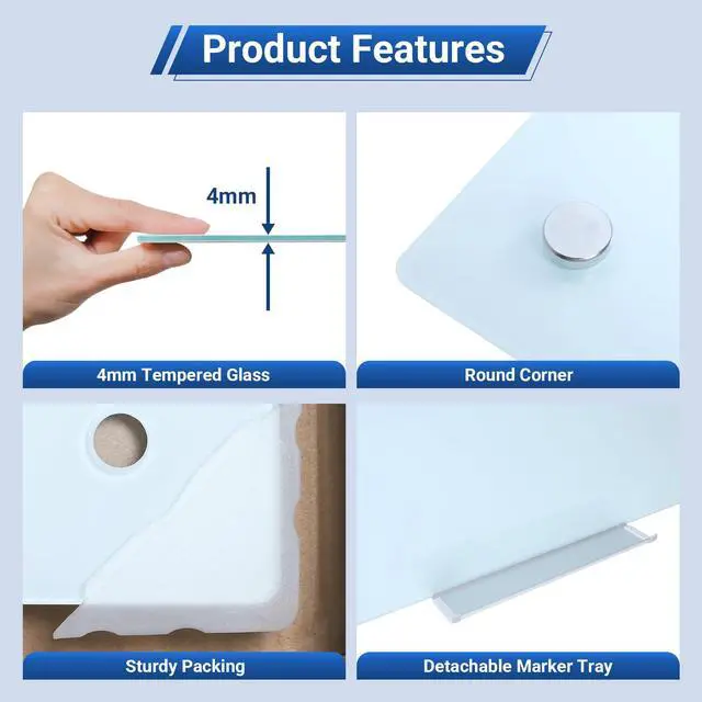 Alt view image 2 of 7 - Magnetic Glass White Board 48 x 36, Tempered Frameless Dry Erase Board for Wall, Whiteboard for Office, Home & School