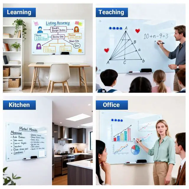 Alt view image 5 of 7 - Magnetic Glass White Board 48 x 36, Tempered Frameless Dry Erase Board for Wall, Whiteboard for Office, Home & School