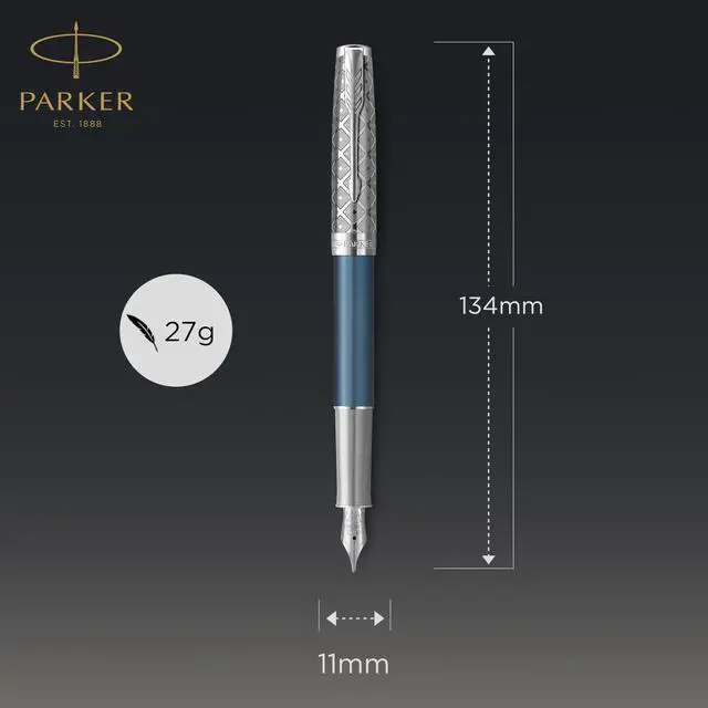 Alt view image 2 of 7 - Sonnet Fountain Pen Premium Metal and Blue Satin Finish with Chrome Trim Fine 18k Gold Nib with Black Ink Cartridge Gift Box